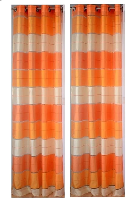 M Textiles Pair Striped Voile Curtains Eyelet Top 57 X 90