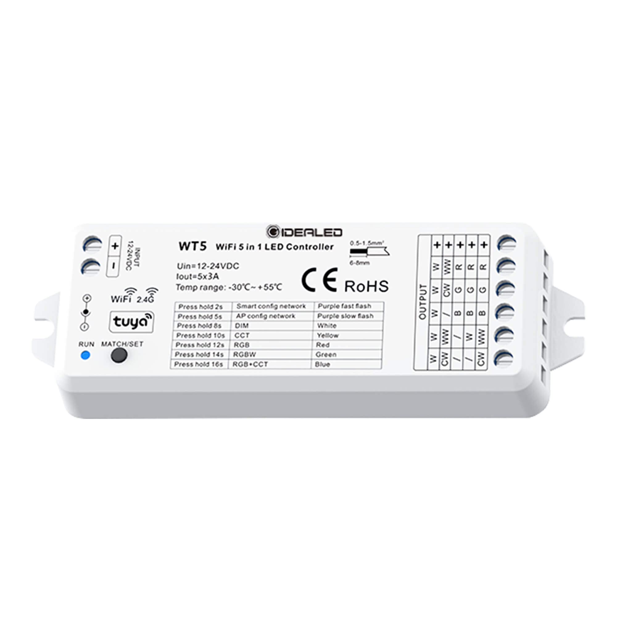 GIDEALED Smart Wireless 5 in 1 WiFi RGBWW LED Controller,Work with Alexa/Google Assistant,APP/Voice Control RGBCCT,RGBW,RGB,CCT and 5 White Strip Lights Color Change Dimming(Only WT5 LED Controller)