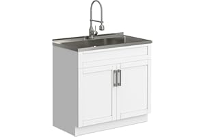 SIMPLIHOME Hennessy All-in-One 36 inch Wide Utility Sink and Laundry Cabinet in Pure White Finish, Transitional Stainless Steel Sink Cabinet for Laundry Rooms with High-Arch Chrome Faucet and Storage