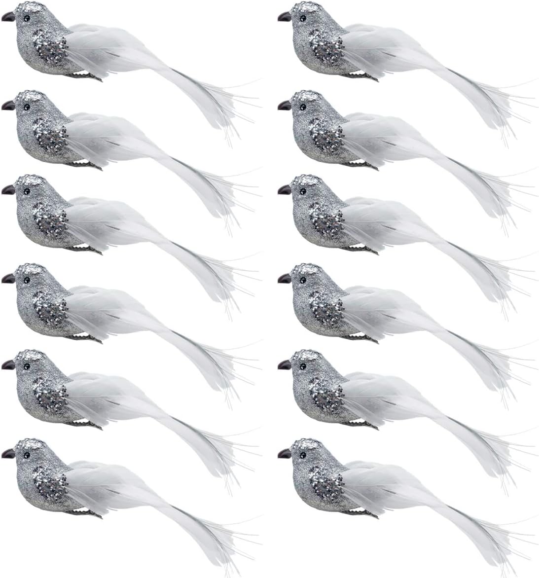 Ornaments - LWINGFLYER 12pcs Silver Glitter Artificial Birds Sequin Clip on Bird Ornaments for Christmas Tree Decorations Wedding Wreath Crafts
