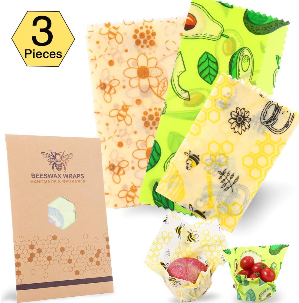 HONEYALLEY Reusable Beewax Food Wrap, Assorted Set of 3, Plastic Free Alternative for Food Storage, Eco Friendly Sustainable Bowl Cover, Zero Waste Biodegradable Sandwich Wrappers – 3 Sizes (S, M, L)