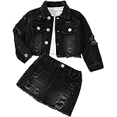 WDIRARA Girl's 2 Piece Outfit Ripped Button Front Long Sleeve Denim Jackets and Mini Skirts Set