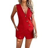 MINTLIMIT Womens 2 Piece Outfits Summer Sleeveless Blazers Button Linen Vest Shorts Set Casual Matching Sets