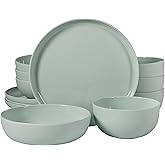 Gibson Home Candy Skies 12 Piece Unbreakable Wheat Straw Melamine Plates and Bowls Dinnerware Set - Outdoor, Camping, & Everyday Use - Matte Exterior/Shiny Interior Green