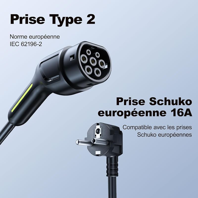 Chargeur Voiture Electrique 3,68kW 16A Type 2 Schuko, EV Chargeur 5m