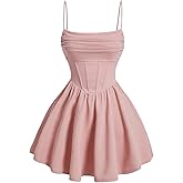 SHENHE Women's Ruched Corset Dress Spaghetti Strap Fit and Flare Flowy Skater Mini Cami Dress