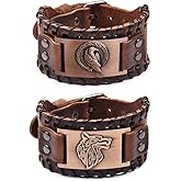 TURTLEDOVE 2 Piece Viking Leather Bracelets - Wolf Fenrir and Odin’s Raven - Medieval Bracelets for Historical