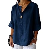 TERIVEEK Summer Linen Shirts for Women Button Down V Neck 3/4 Sleeve T-Shirt Blouse Casual Loose Basic Solid Tunic Tops 2025