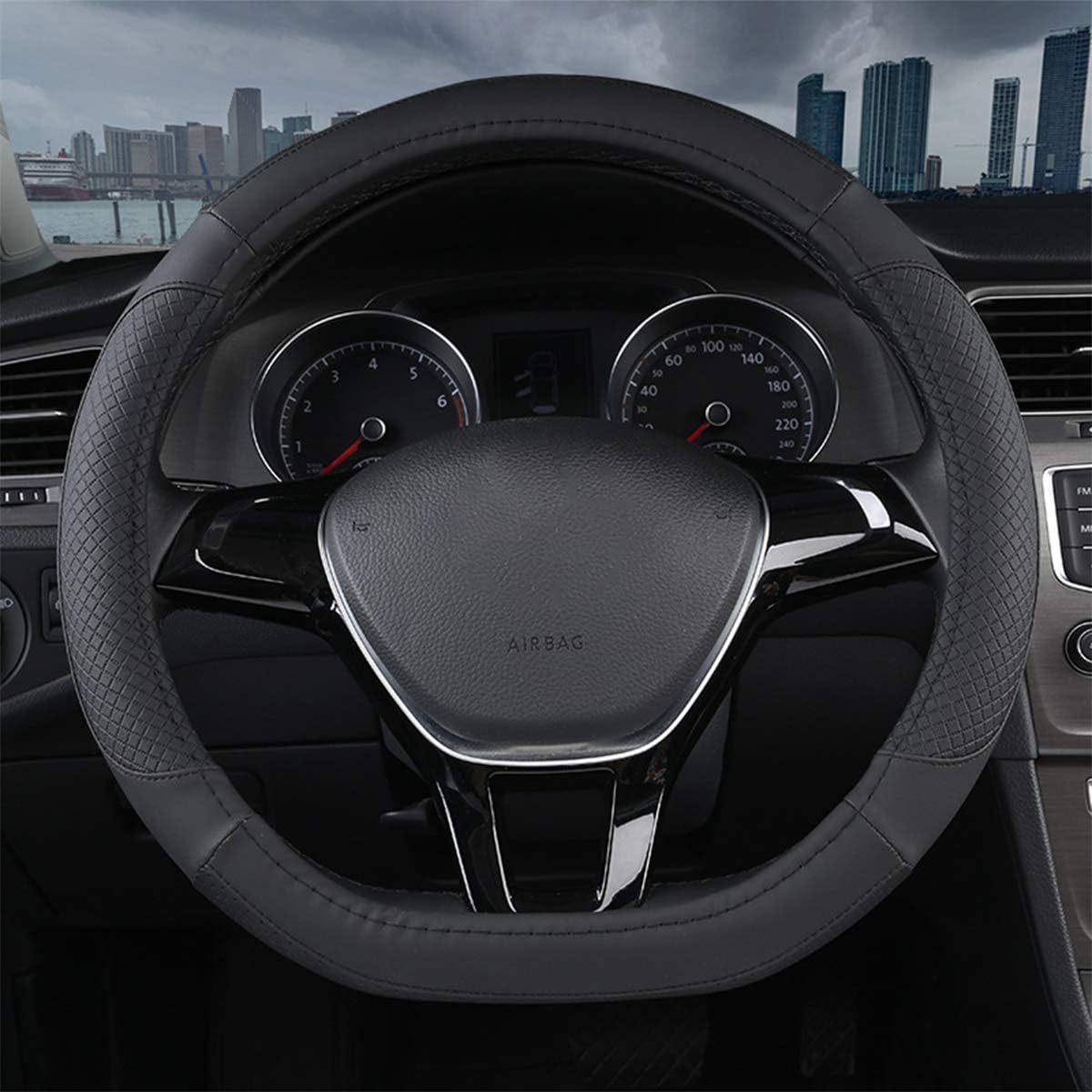 Ergocar Sport D-shape Car Steering Wheel Cover Non-slip Car Steering Wheel Protector Microfiber PU Leather Universal For Diameter 38cm(15") (Black) - Image 3