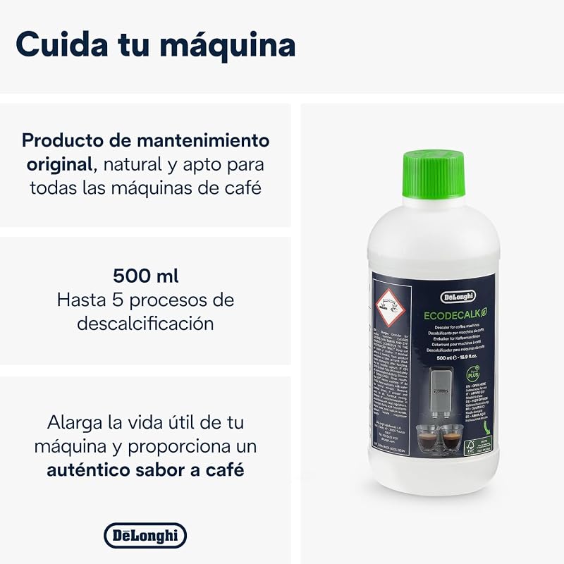 De'longhi ecodecalk - líquido descalcificante universal, cafeteiras superautomáticas, 500 ml, ecológico e eficiente, compatível com modelos de cafeteiras ecam / etam