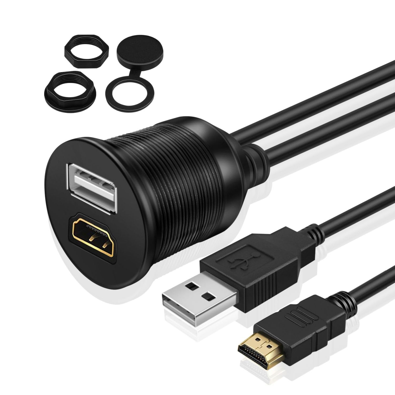 TNP USB HDMI Flush Mount Cable - Dashboard Panel Dash Mount USB + HDMI Port Socket Jack Plug Water Resistant Connector Extension Wire Cord for Car Truck Trailer Boat Motorcycle & More (1.8M / 6FT)