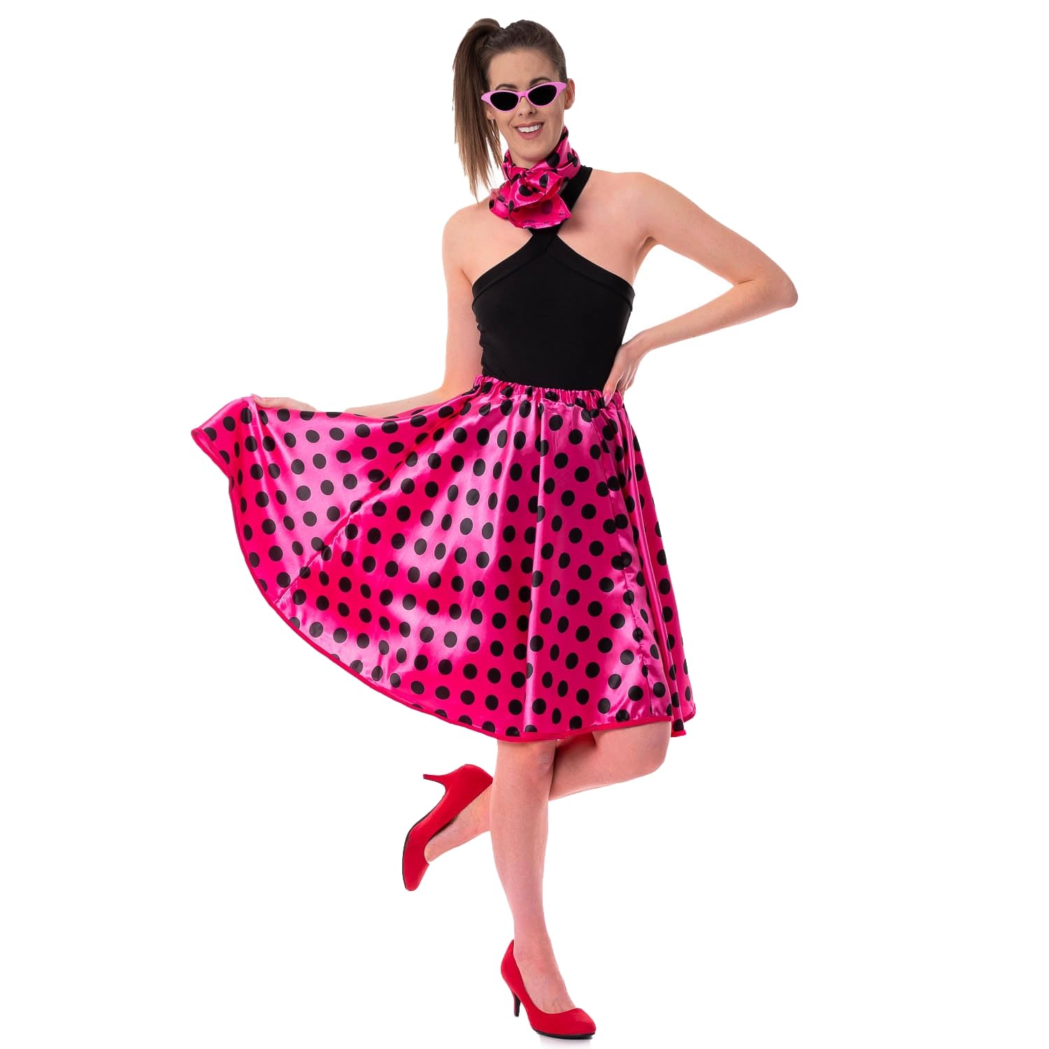 SoWest 50s Satin Pink Polka Dot Rock'n'Roll Fancy Dress Skirt & Neck tie