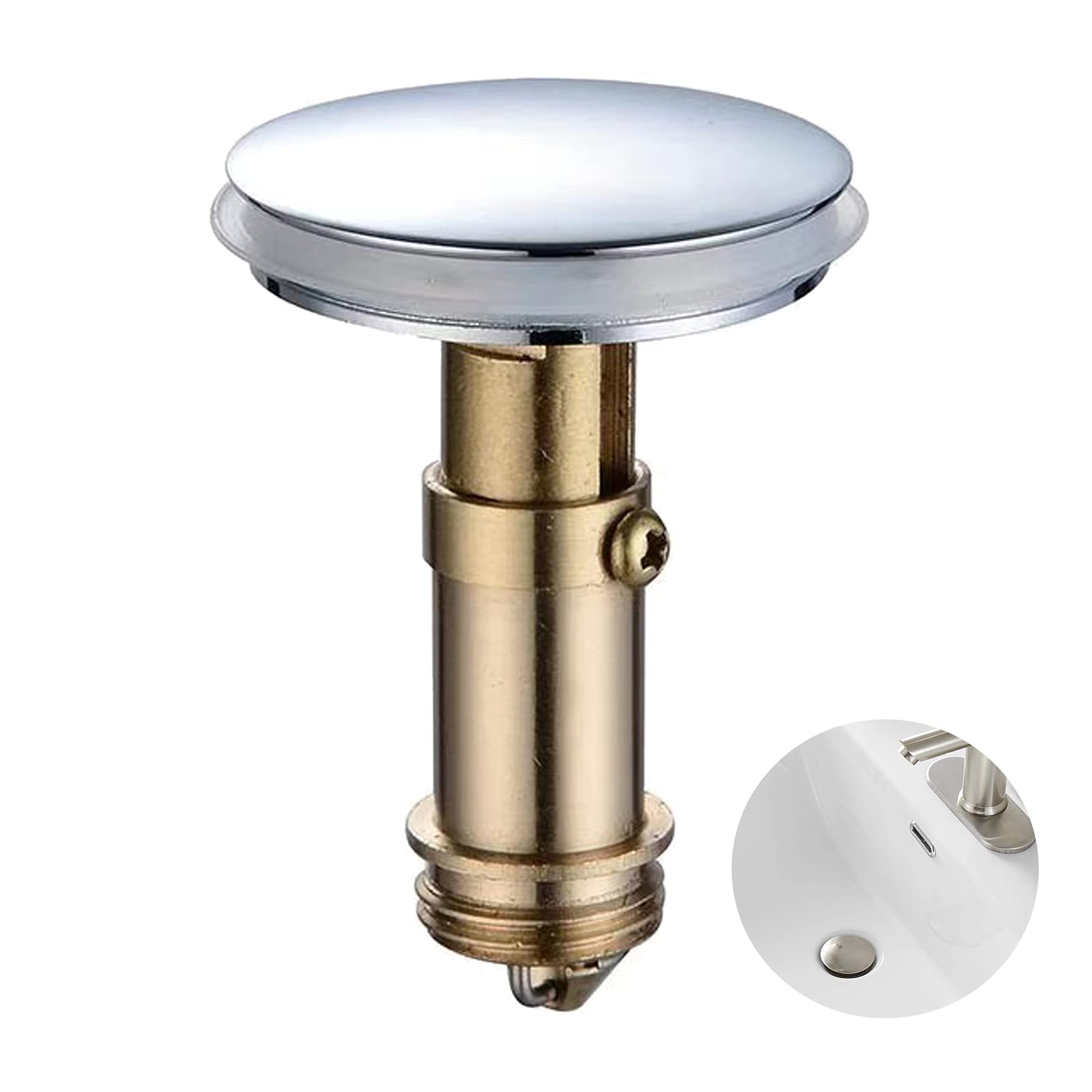 Bathroom Push Pop-Up Click Clack Plug Stopper, 38mm Push Sink Drain Plug Pop-up Stopper, Pop Up Sink Plug for Kitchen Bathroom Washbasin Bath(Solid Brass Chrome Plating)