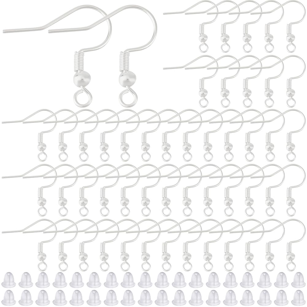 Beebeecraft 1 Box 100Pcs Fish Earring Hooks 925 Sterling Silver Plated 304 Stainless Steel French Earwire for Earring Making Supplies