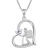 FJ Heart Guardian Angel Necklace 925 Sterling Silver Angel Wing Pendant Birthstone Jewelry for Women