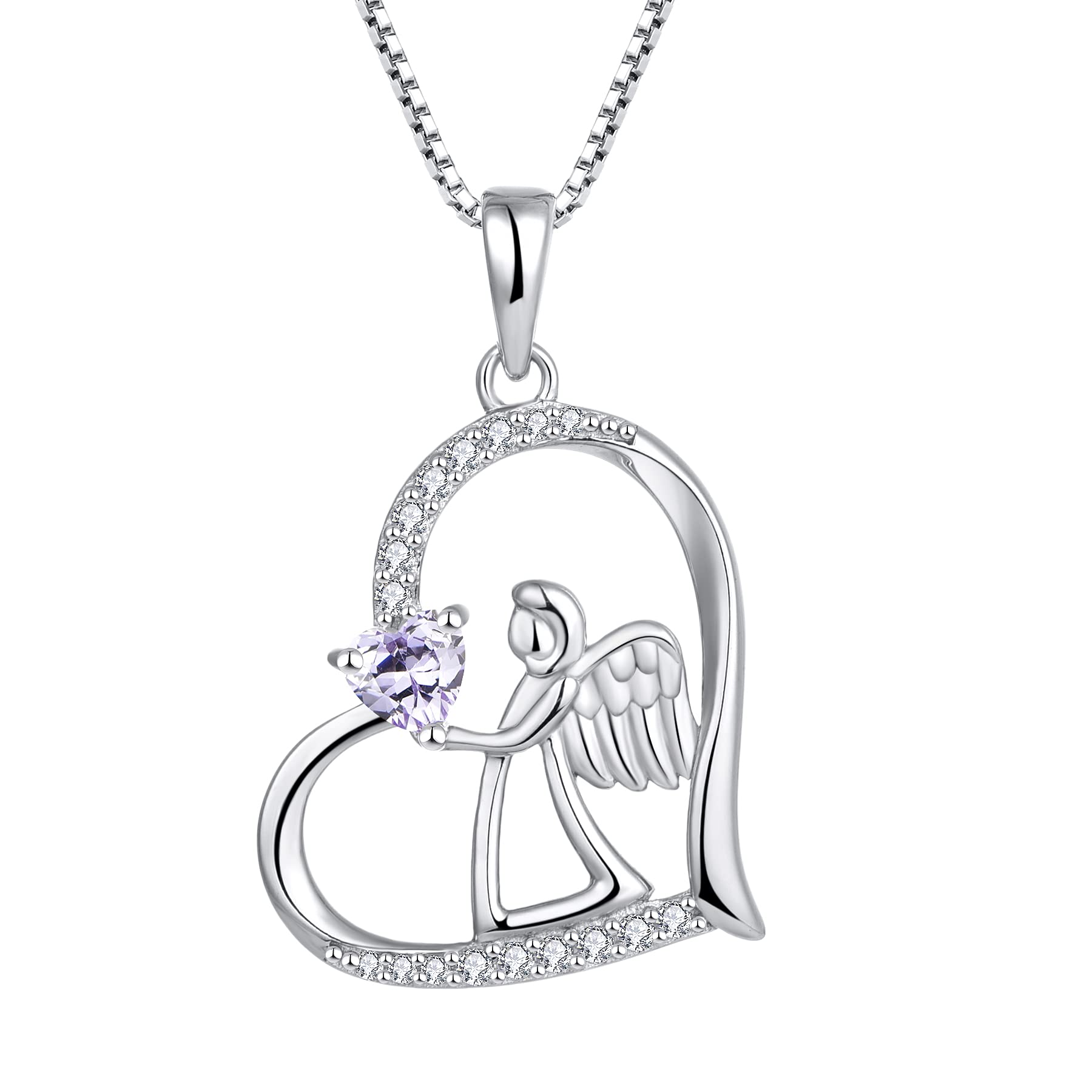 FJ Heart Guardian Angel Necklace 925 Sterling Silver Angel Wing Pendant Alexandrite Necklace June Birthstone Jewellery for Women