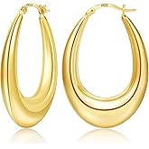 PABBEU Chunky Silver Hoops Earrings for Women, Hypoallergenic Lightweight 925 Sterling Silver Oval Hoop Earring, Sterling Silver Thick Hoop Earrings for Women 25/28/30/38/40mm