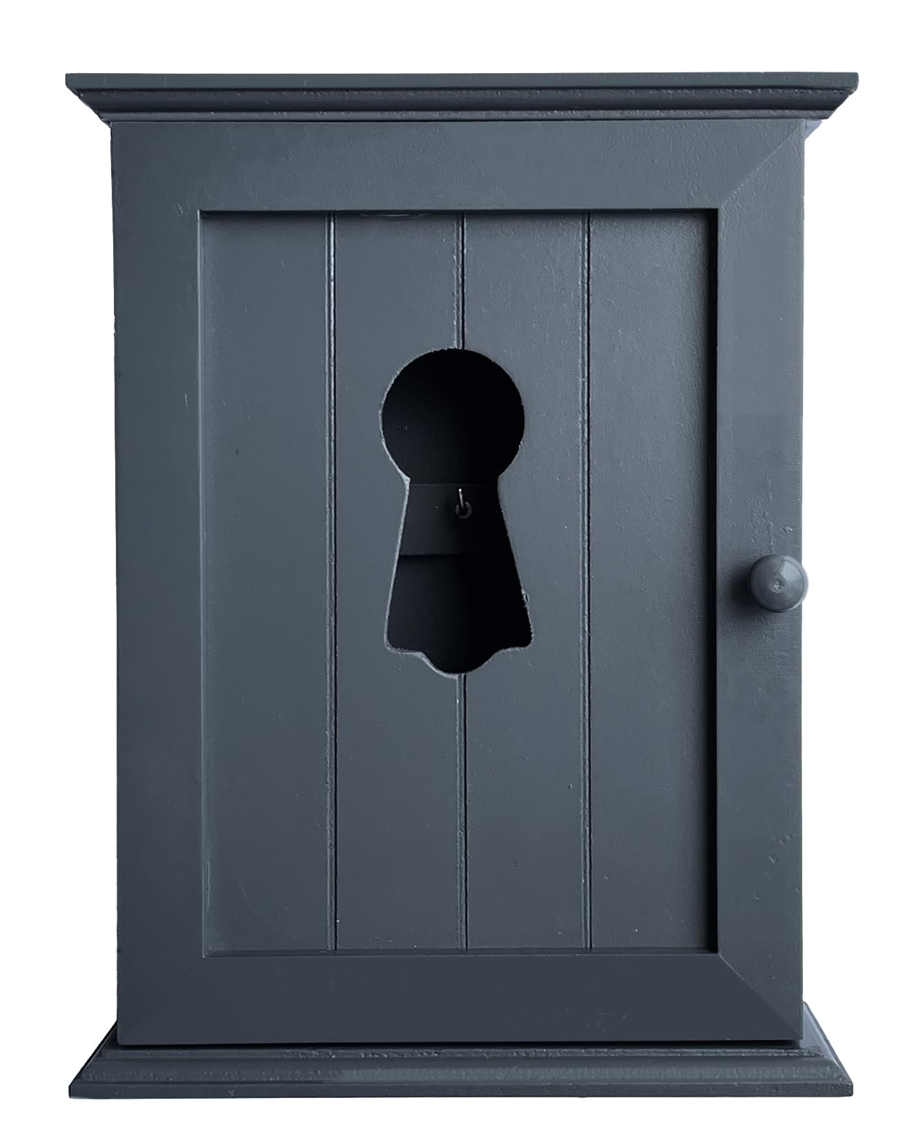 GreyZouq Wooden Key Cabinet Wall Mounted Cupboard. Keyhole shaped window design or elephant carving. Perfect Organiser for Keys. Magnetic Door Closure and Six Hooks (Dark Grey)