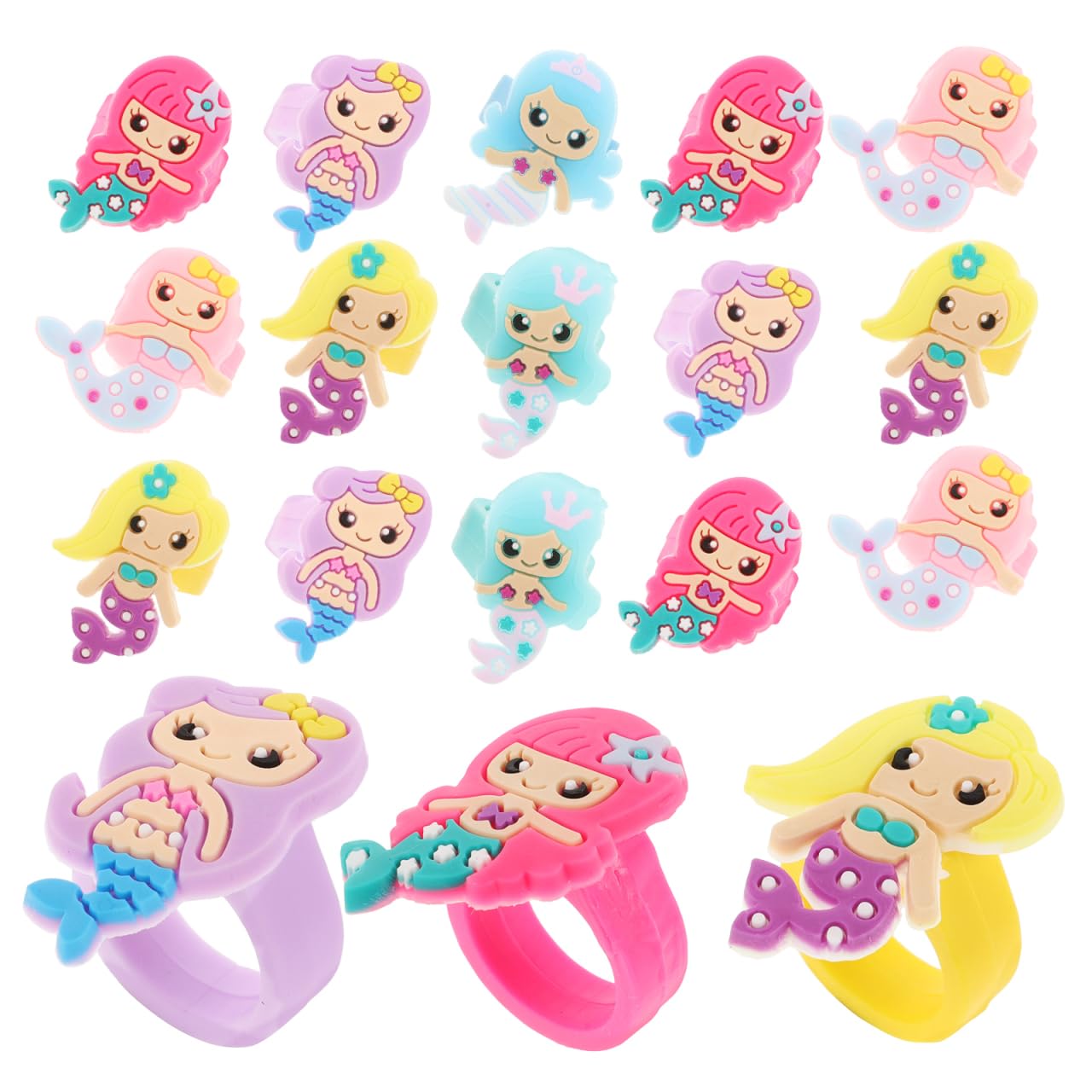 Toyvian Mermaid Rings for Kids 24Pcs Soft Pvc Girls Rings Set Colourful Mermaid Jewellery Birthday Party Favors Dress up Accessories