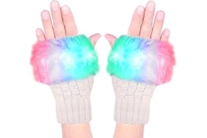 Luwint LED Glow Blink Fur Fingerless Knit Gloves - Funny Light Up Mitten for Party Christmas Halloween Costume