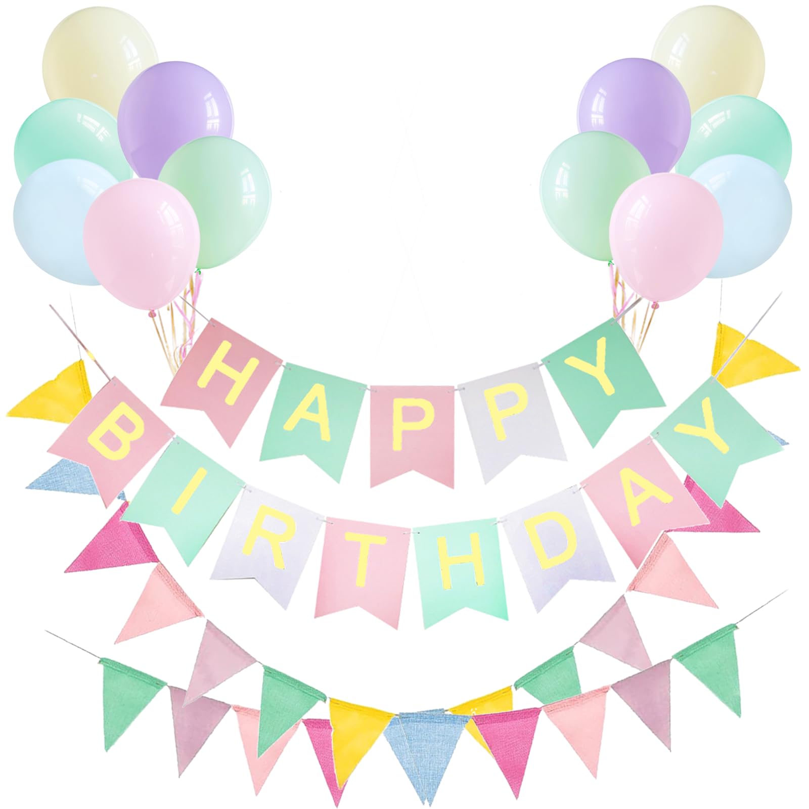 Happy Birthday Decorations Birthday Bunting,26 ft Nylon Pennant Banners with 12 Macaron Latex Balloons Perfect for Birthday Party Home Festival Decoration