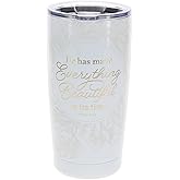Christian Art Gifts Large Travel Tumbler for Women Stainless Steel Vacuum Insulated Inspirational Scripture: Everything Beautiful, Retractable Lid, Ivory White Floral, 18 oz.