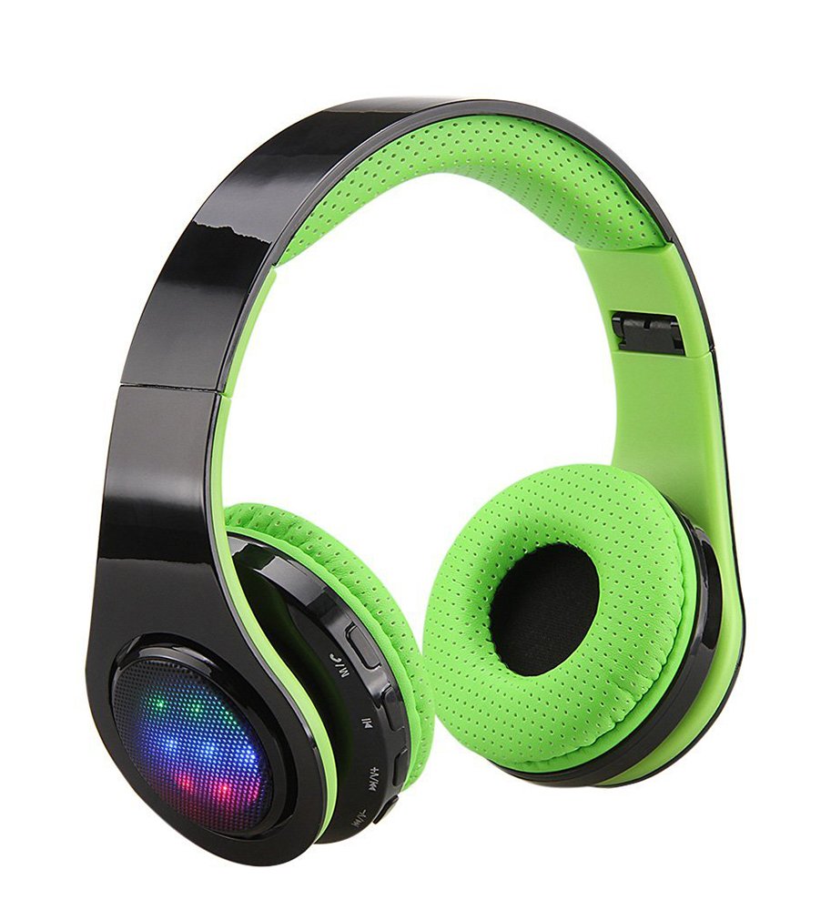 Excelvan Wireless LED Stereo Bluetooth Headphones Over Ear with Mic for Kids Children Women Men, Portable Headset Noise Isolating Headphone for iPhone 7 7plus 6s 6 5s, iPad, Samsung Galaxy (Green)