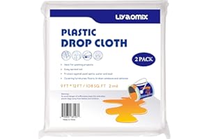 Liyaomix 2-Pack 2 Mil Plastic Drop Cloth 9ft x 12ft, Heavy Duty Painters Drop Sheet, Waterproof Plastic Painting Tarp for Painting Renovations - Floor Covering & Dust Cover