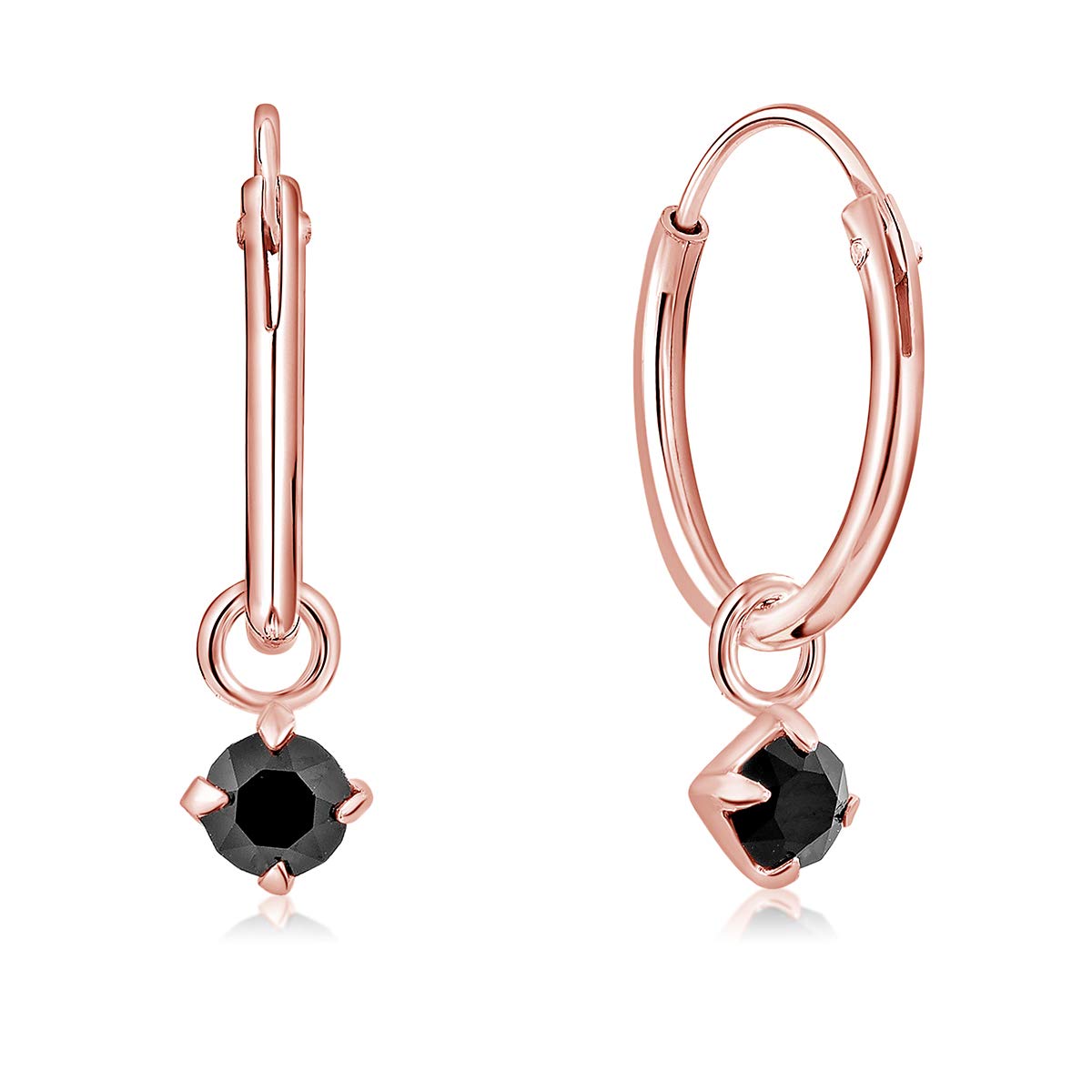 DTPsilver® 925 Sterling Silver Rose Gold Plated SMALL Hoops Earrings & Round Dangling 3 mm Crystals from Swarovski® Elements - Thickness 1.2 mm - Diameter: 12 mm - Colour : Black