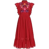 ABEHIK Women Mexican Embroidered Dress Traditional Casual Summer Floral Cinco De Mayo Fiesta Outfit Dance Party Midi Dresses