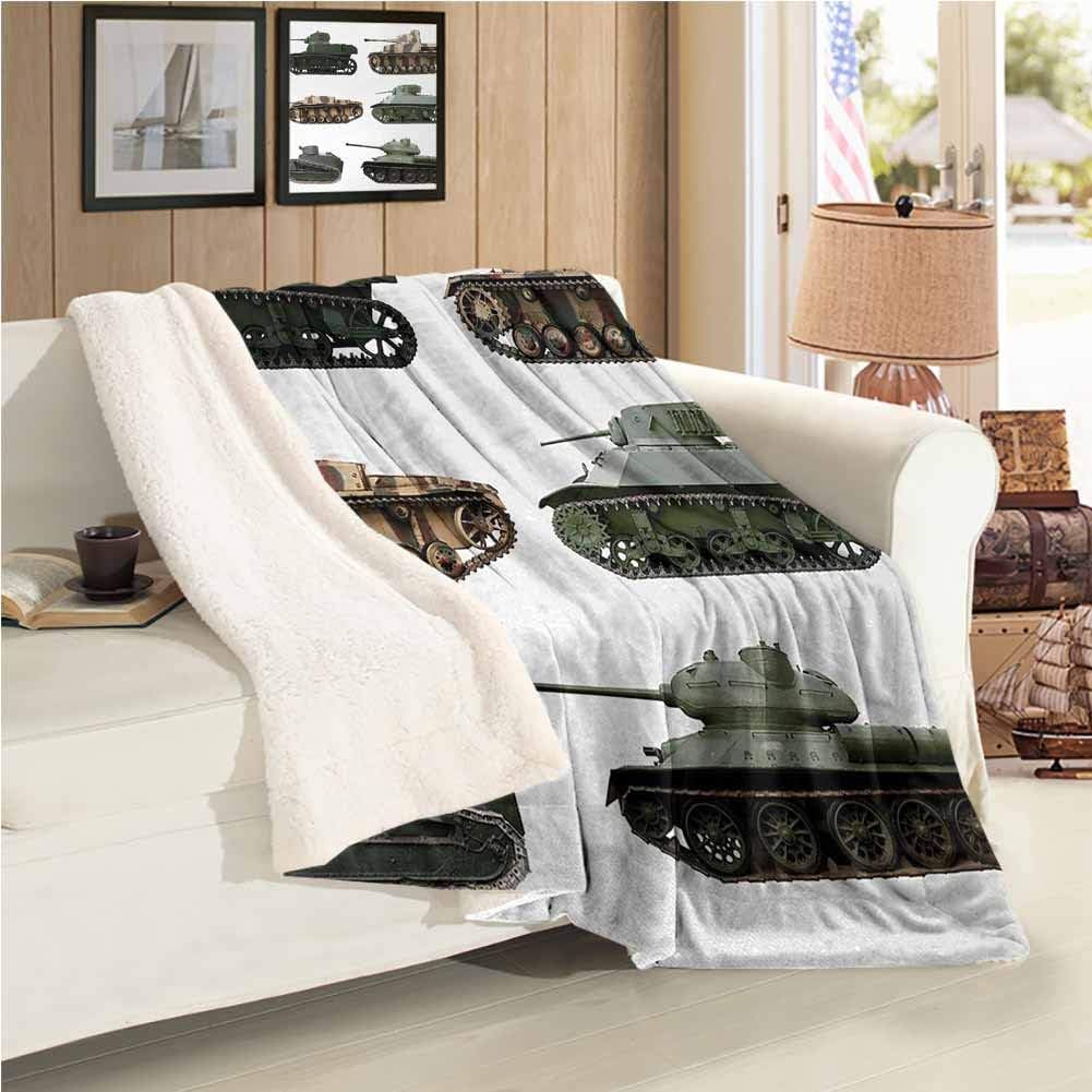 Military Travel Blanket Twin Size Second World War Armoured Tanks with Camouflage Military Power Artillery Weapon Soft Blanket Microfiber Green White