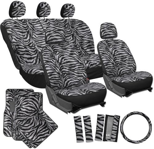 OxGord 21pc Set Zebra Car Seat Cover, Carpet Floor Mats Steering Wheel Cover Shoulder Pad-Airbag-Front Low Buckets-50-50 or 60-40 Rear Split Bench-Universal Fit, Truck, SUV, or Van, Charcoal Gray