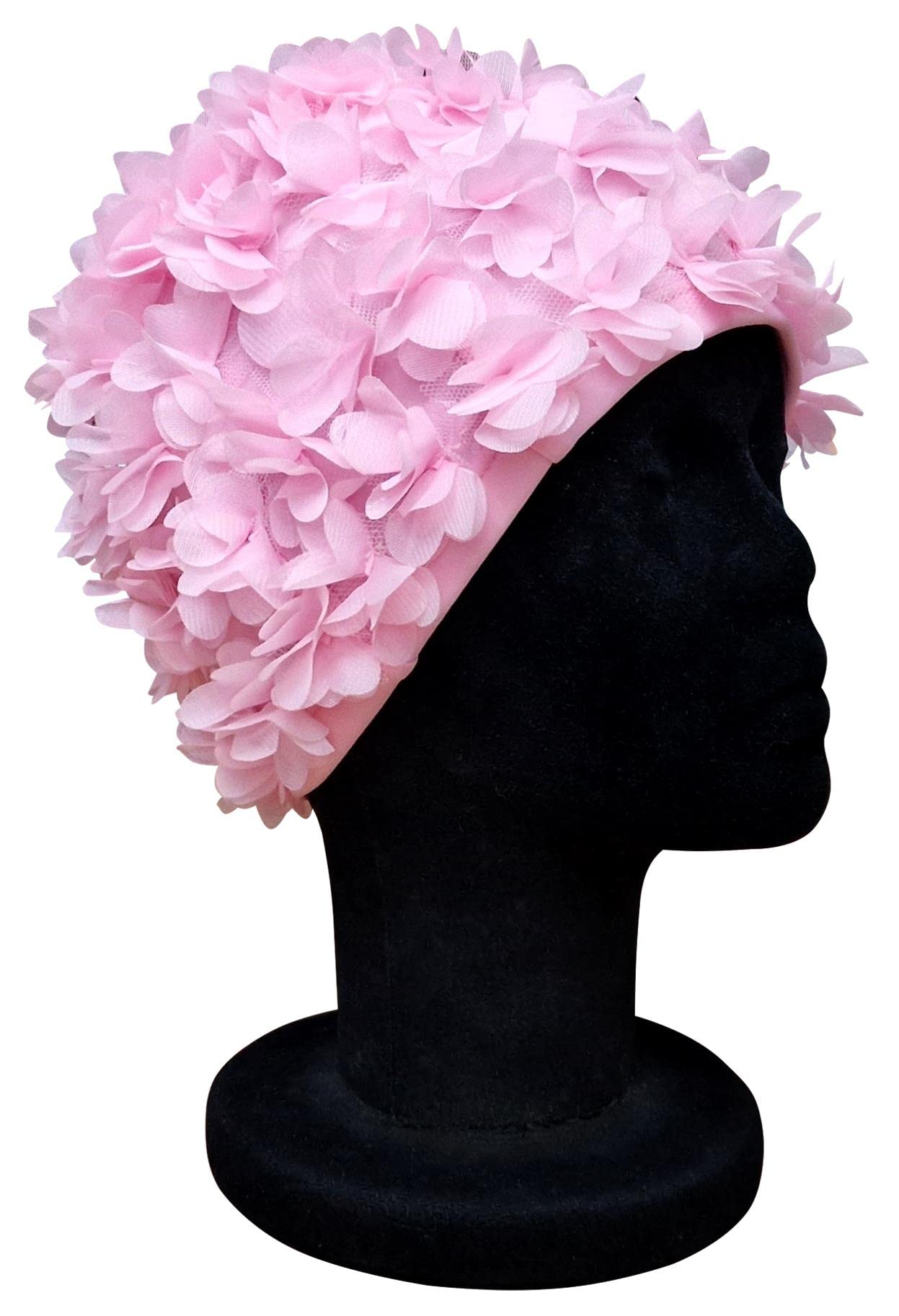 CHEX Ladies Pinks Elasticated Swimming Hat Decorated Solid colour With Matching Frilly Floral Petals In A Swim Cap One Size Adults Soft And Easy To Pull On (Pastel Pink)