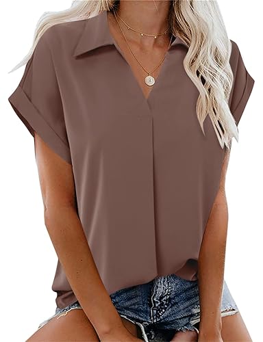 Gaharu Chiffon Blouses for Women Collared Tunic Short Sleeve