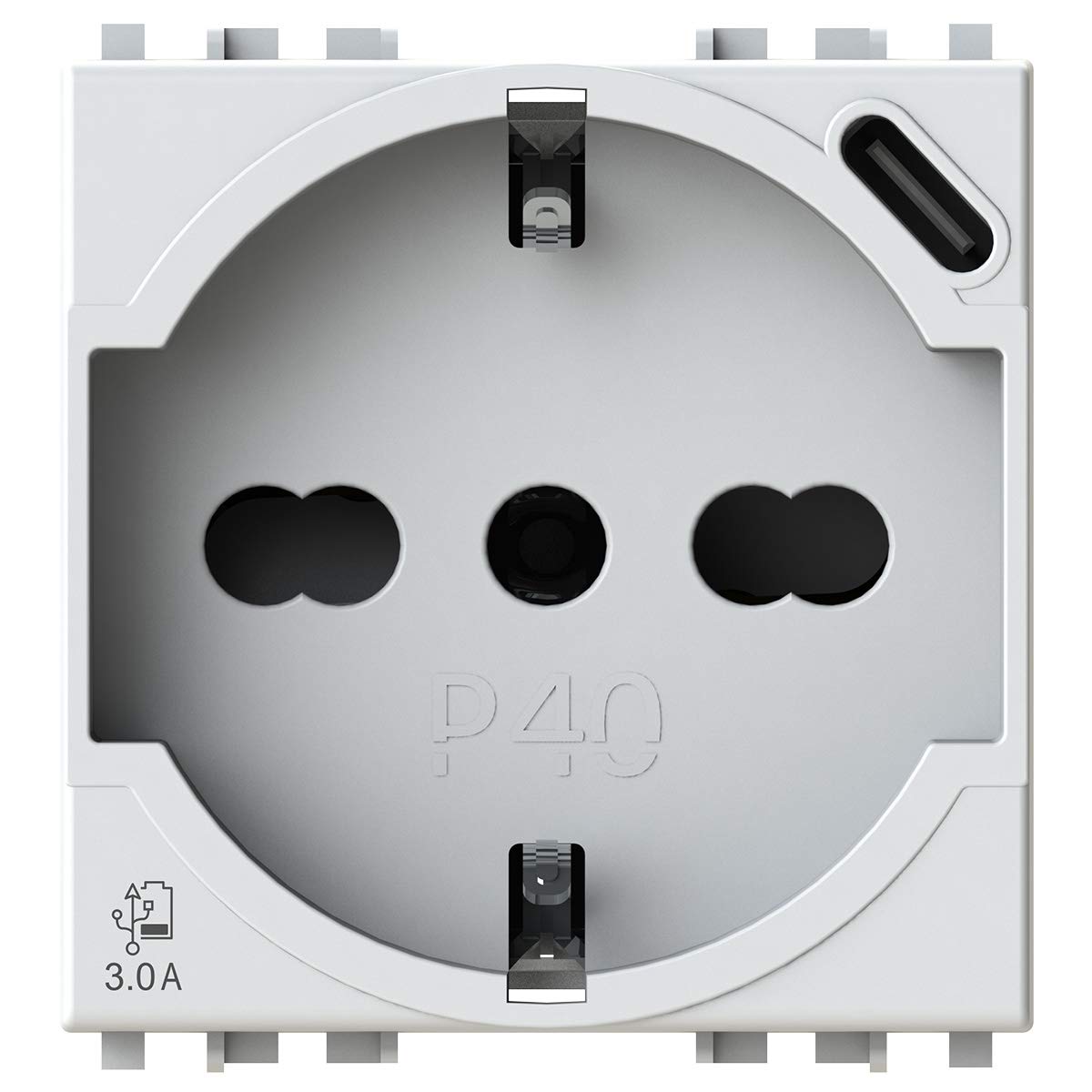 P40 USB3.0 Schuko Type P40 Socket with Built-in 3 Amp USB Power Supply with Type C Connector Compatible with Vimar Arkè White