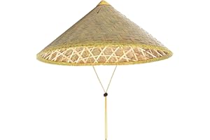 Retro Chinese Bamboo Rattan Fisherman Hat, Handmade Weave Bucket Hat, Rice with Adjustable Rope, 14 Inch Fishing Sunshade Cap