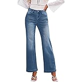 PerZeal Women's Wide Leg Jeans - Casual Mid Waisted Stretch Baggy Loose Flare Bootcut Denim Pants with Pockets