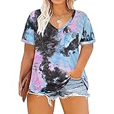 RITERA Plus Size Tops for Women Tie Dye Summer T Shirts V Neck Short Sleeve Casual Tee Tops with Front Pocket XL-5XL