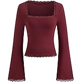 CIDER Womens Square Neck Shirt Long Sleeve Ribbed Knit Top Lace Trim Date Night Fashion Blouse