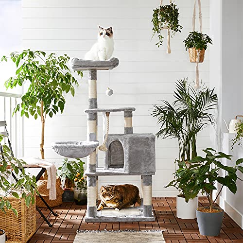 FEANDREA Cat Tree with Scratching Board, Basket Lounger and Large Cave
