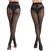 HONENNA Backseam Sheer Tights for Women T Crotch High Waist Black Pantyhose 20D Control Top Black Stockings