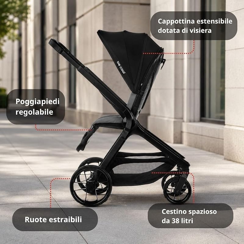 Kombo, Passeggino 2 in 1 con Navicella Rigida Rialzabile e Seduta Reversibile, Chiusura Automatica con una Mano, dalla Nascita fino a 22 kg, Grigio