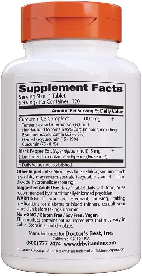 Doctor's Best Curcumin From Turmeric Root with C3 Complex & BioPerine, Non-GMO, Gluten Free, Soy Free, Joint Support, 1000 mg, 120 Tablets: Health & Personal Care