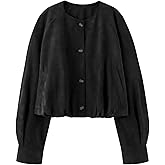 Xunger Women's Faux Suede Button Jacket Oversized Gathered Hem Short Length Coat Casual Vintage Outerwear with Pockets