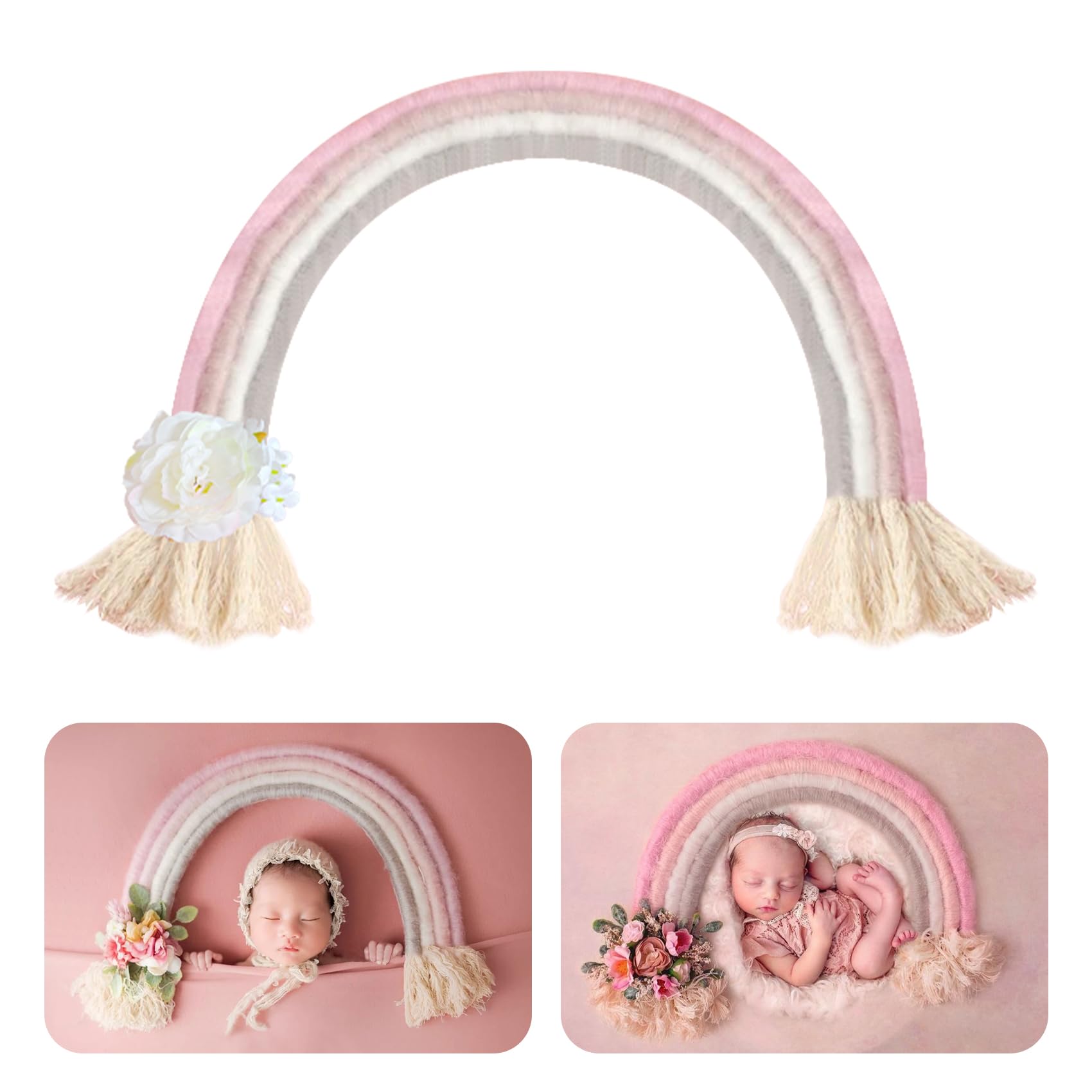 Photo 1 of Newborn Photography Props Macrame Rainbow Decor Handmade Rainbows Newborn Photo Prop Rainbow Baby Photoshoot Props Bedroom Wall Decor Playroom Nursery Photo Props Accessories (Pink)