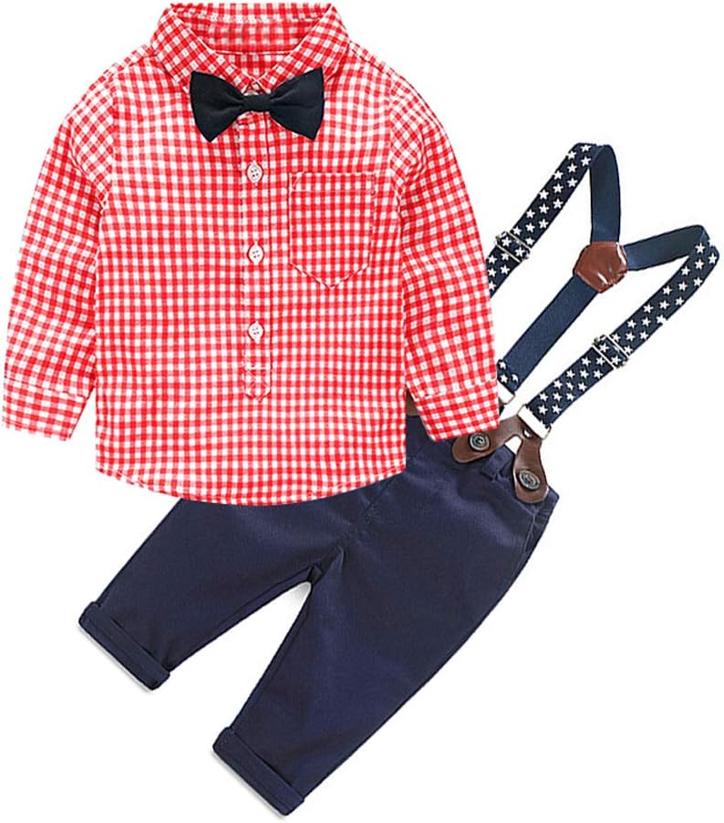 Merryway Toddler Boys Outfits Suit Infant Clothing Newborn Baby Boy Clothes Sets Gentleman Plaid Top+Bow Tie+Suspender Pants