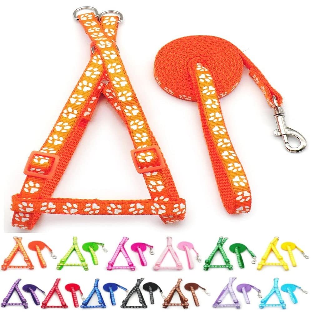 Small Dog Puppy Pet Cat Kitten Harness and Lead Set Pawprint Design Nylon Adjustable Chest Size 21-34cm and 120cm Leash Orange