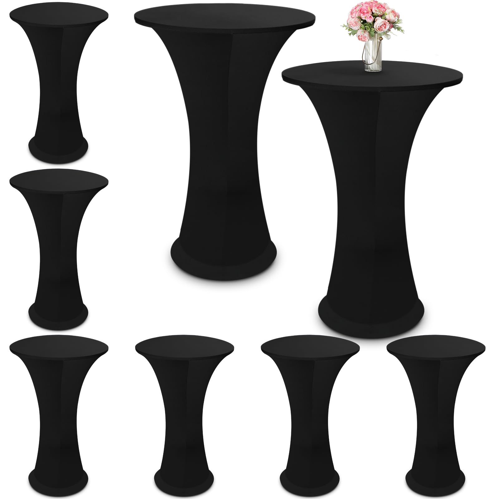 Photo 1 of VitalCozy 8 Pcs 24'' x 43'' Black Spandex Cocktail Tablecloth Highboy Fitted Table Cover Round Stretch Elastic High Top Table Cloth for Bar Wedding Banquet Party Supplies