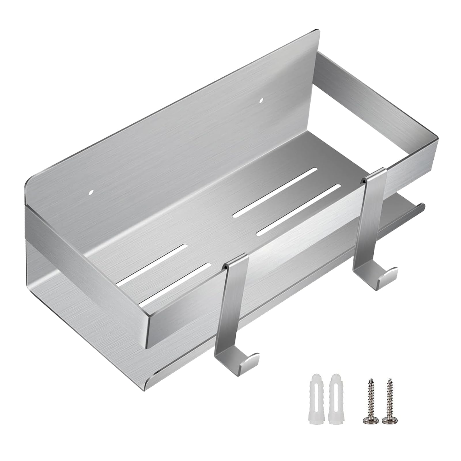 QNIIAED Shower Caddy,Bathroom Shelf Wall Mounted SUS 304 Stainless Steel Heavy Duty Shower Shelf With 2 pcs Hooks (Brushed Silver 8.7 Inch)