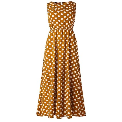 IZZB Mode Damen Sommer Partykleid Punktdruck Ärmellos O Hals Lange Freizeitkleid Abendkleid Cocktailkleid Kleider